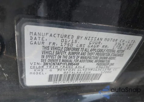 2015 Nissan Versa 1.6 S из США, поврежденный, VIN 3N1CN7AP1FL895449